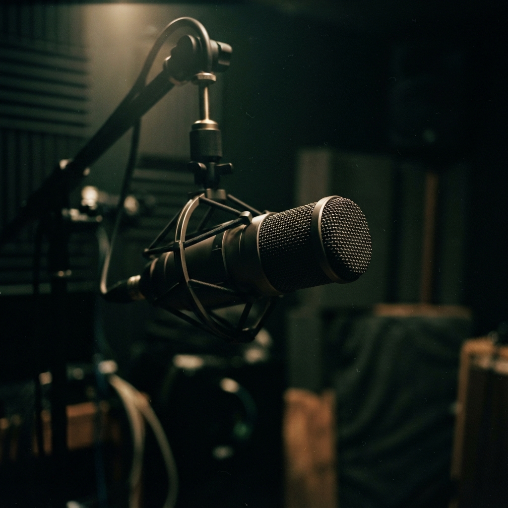 Suspended studio microphone on a boom arm in a dimly lit recording studio.