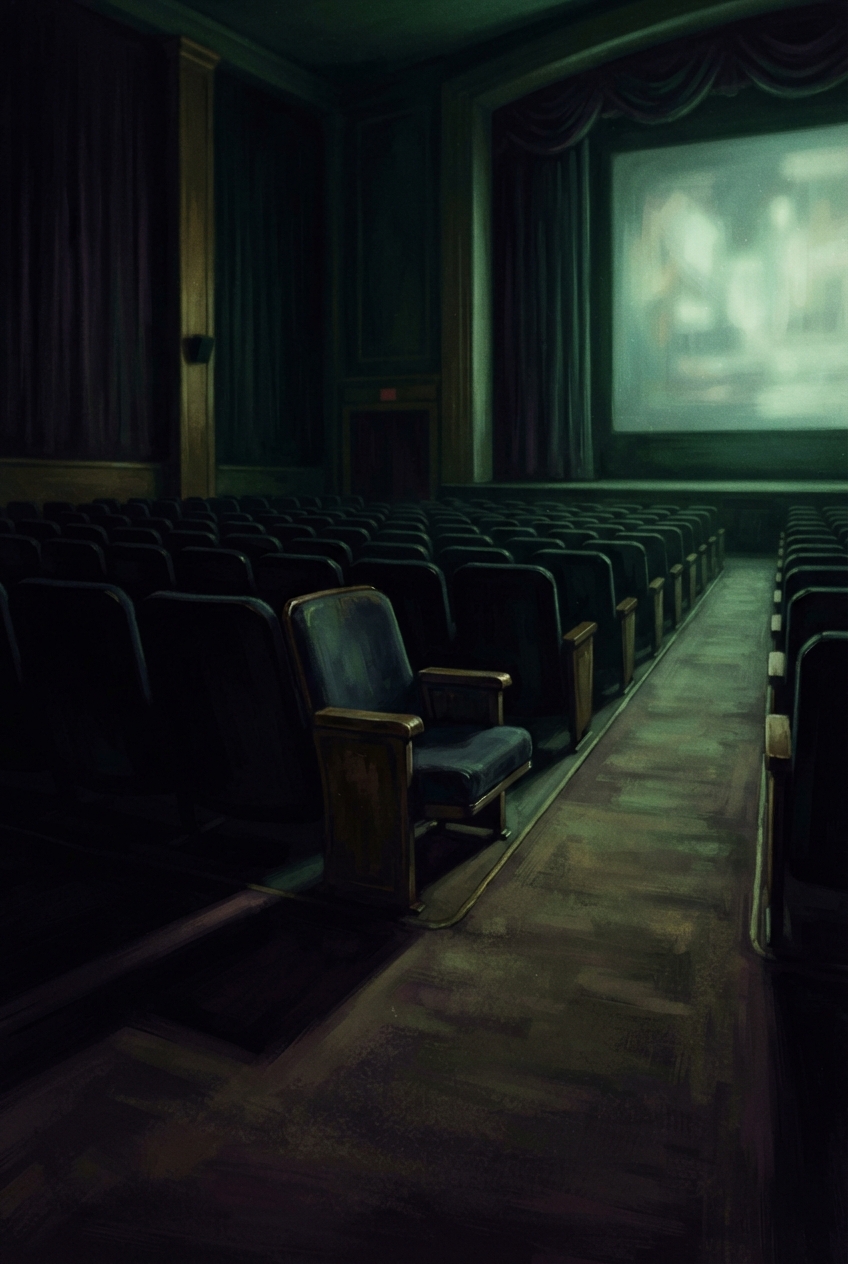 Empty, dimly lit vintage theater with rows of seats, a central aisle, and a glowing blurred screen.