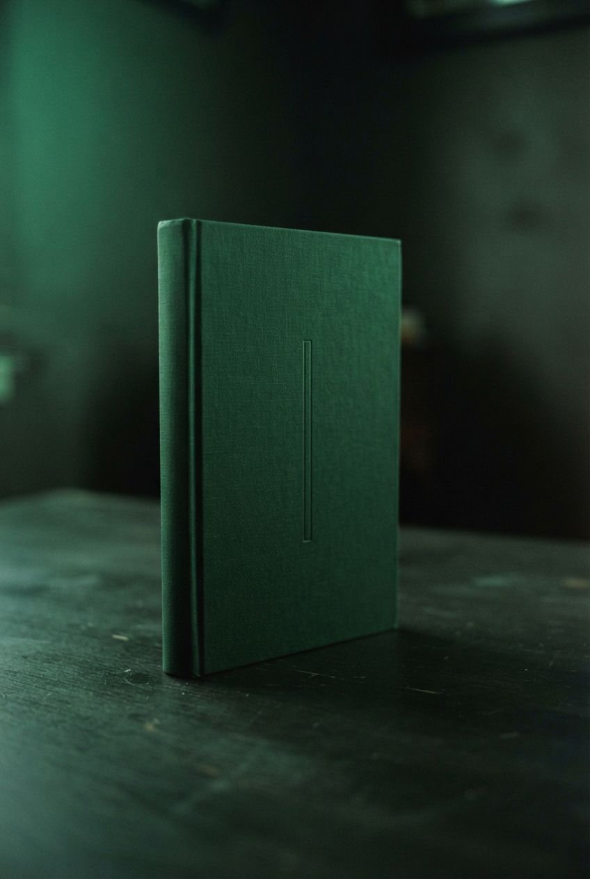 Closed dark green hardcover book standing upright on a dimly lit textured tabletop.